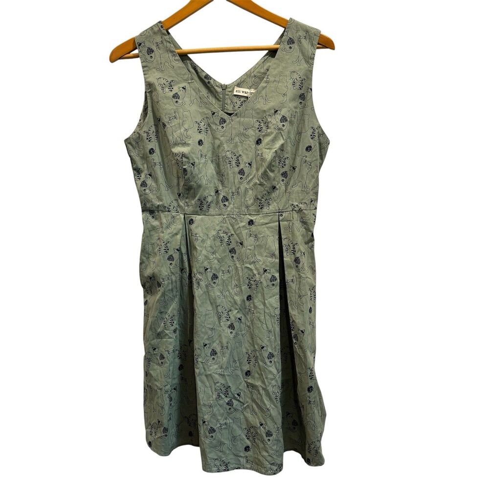 SM Wardrobe Green Sleeveless V-Neck Cat Drawings Print Dress Size Medium